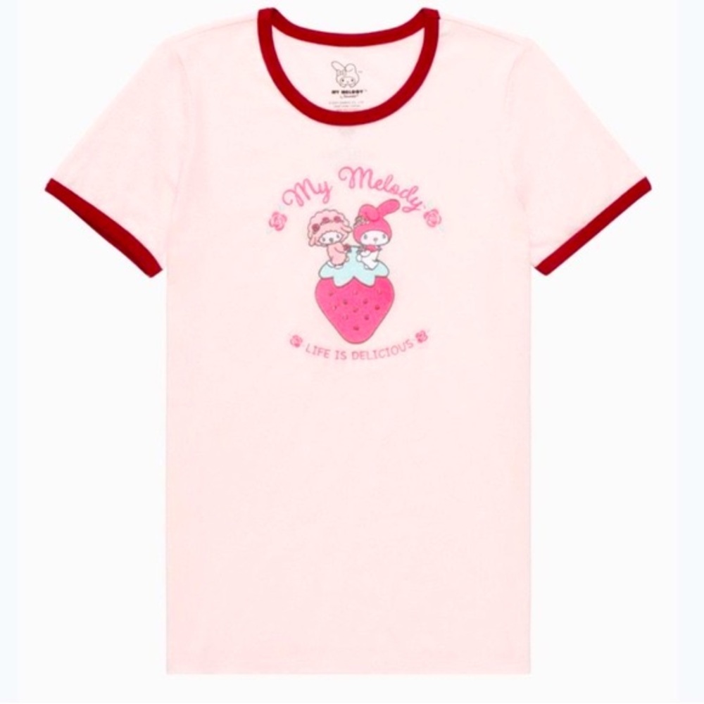 Sanrio My Melody & Sweet Piano Life is Delicious Women's Ringer T-Shirt Sz S